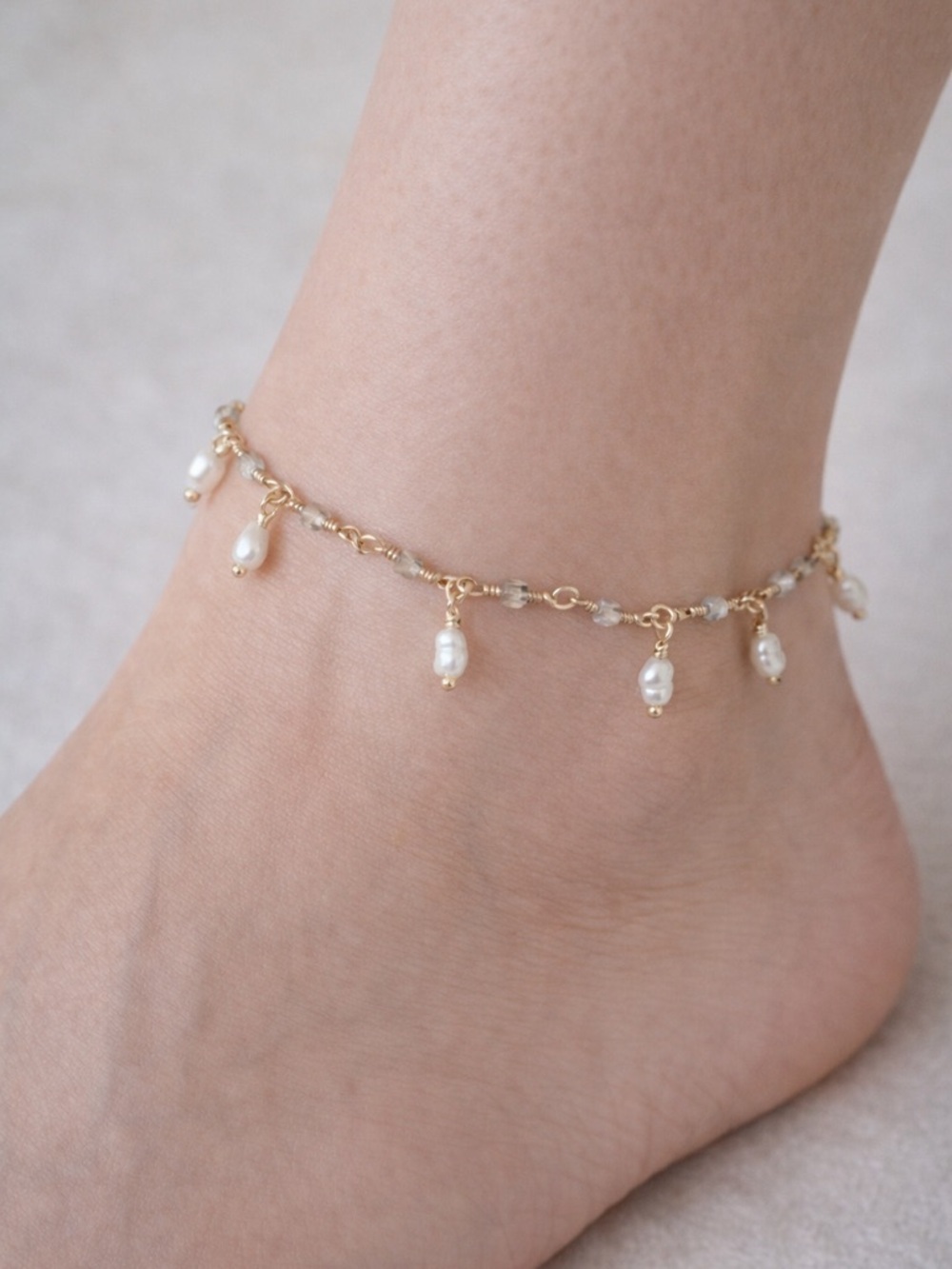 Luna Norte Gold Plated Brass and White Freshwater Pearl Anklet 8.5”+2” extender